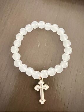 White Beaded Stretch Bracelet with Cross Charm